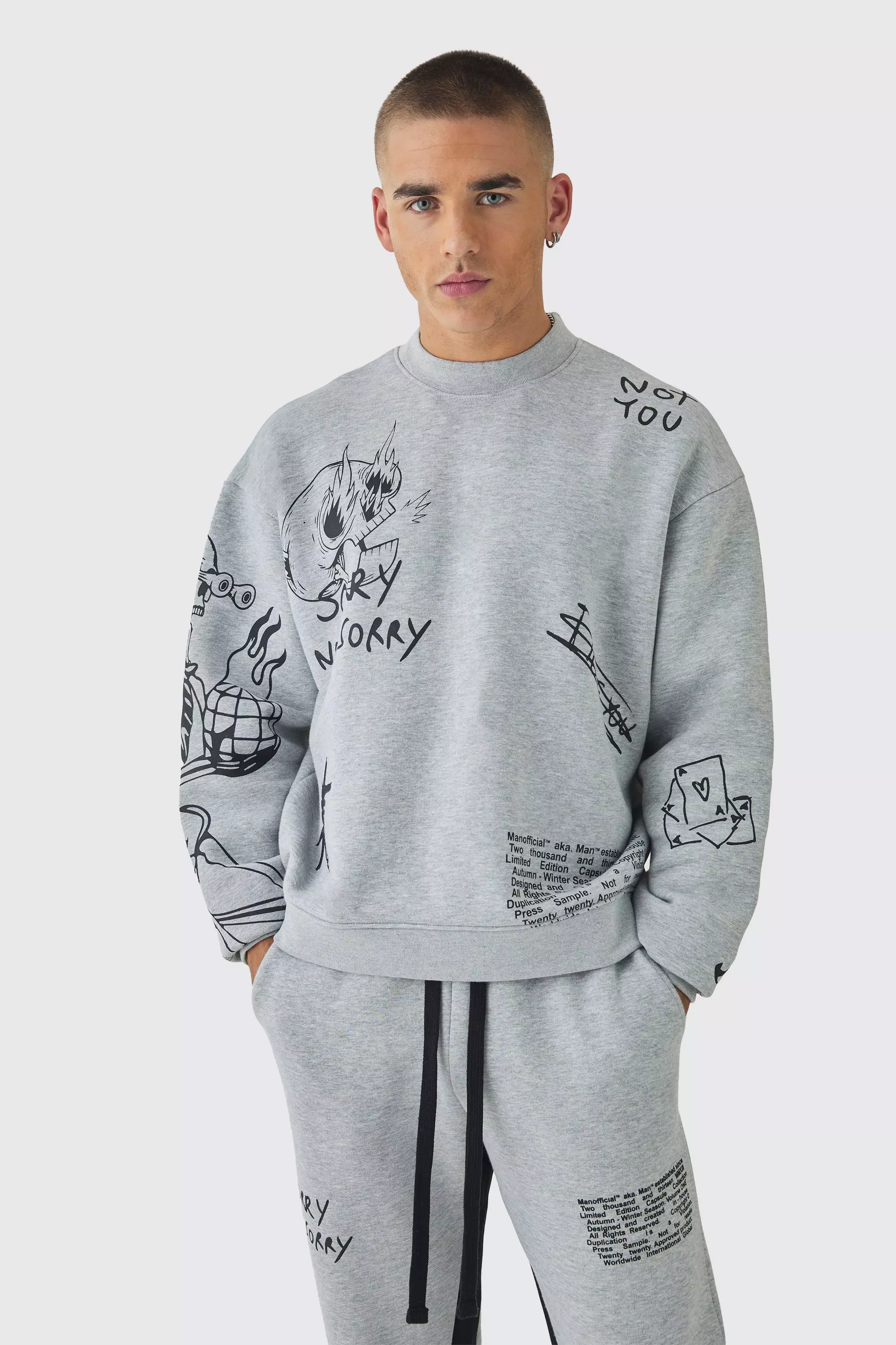 Oversized AOP Doodle Extended Neck Sweatshirt boohooMAN